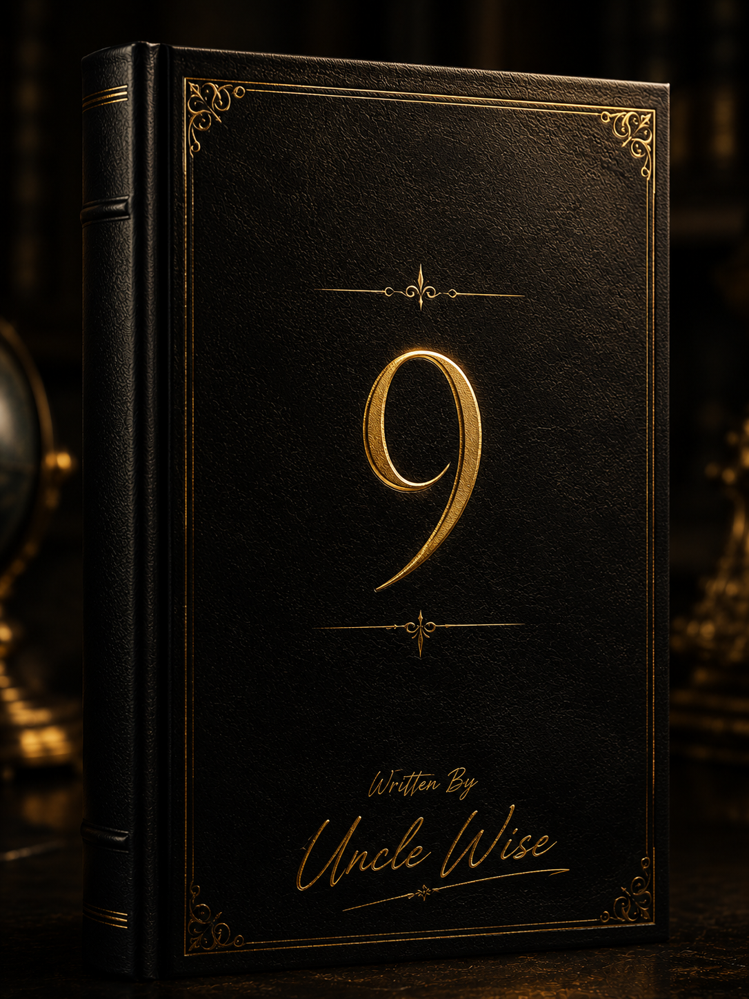 Book cover for 9, featuring a gold number nine on an ornate black book