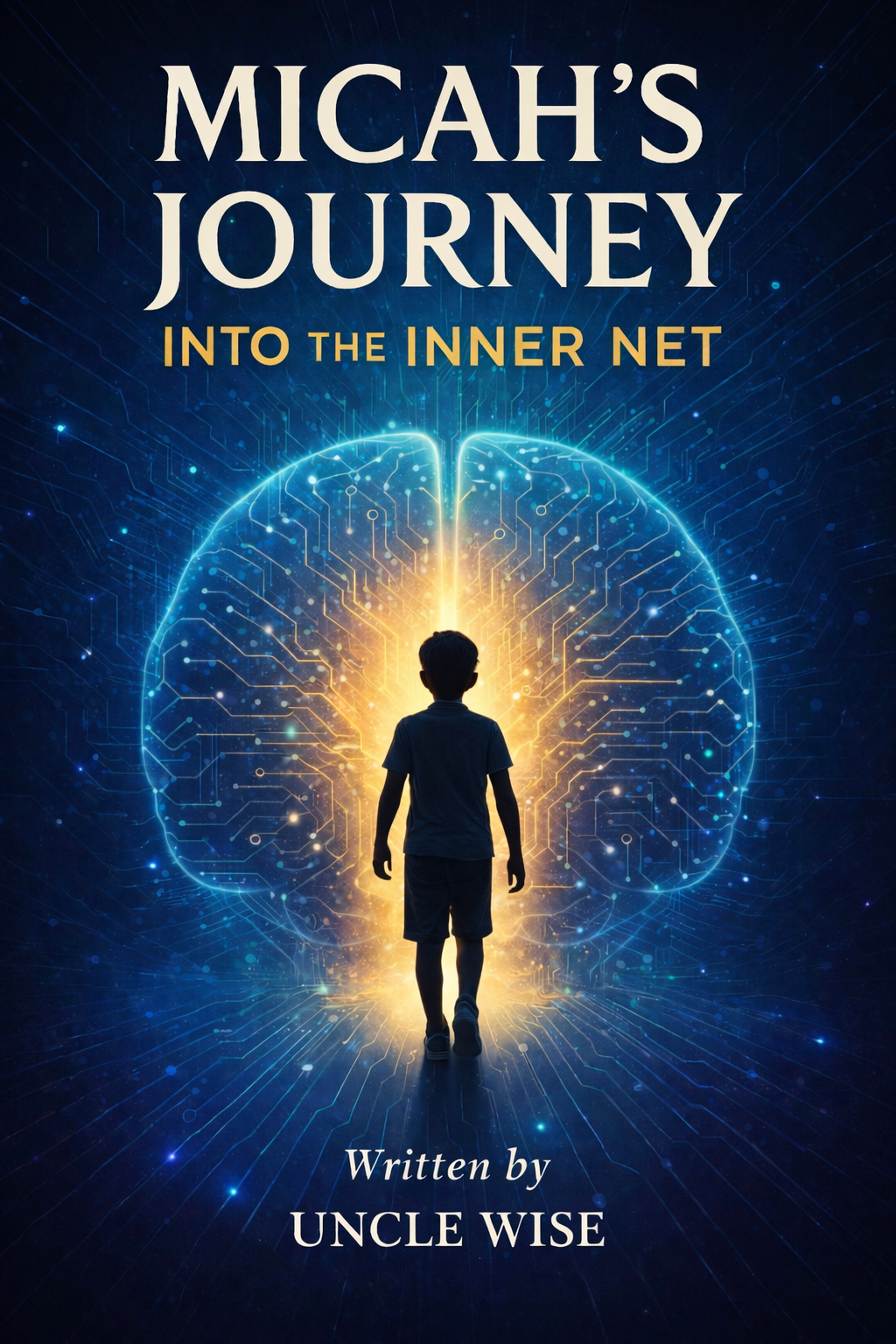 Book cover for Micah’s Journey Into the Inner Net, showing a child walking toward a glowing digital brain