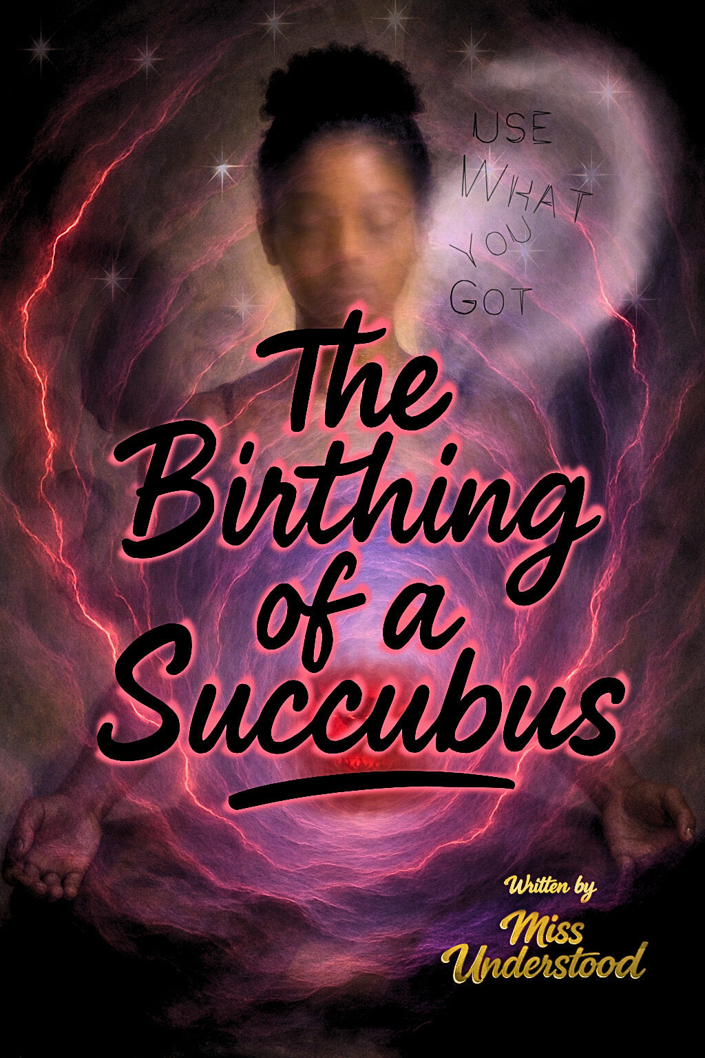 Book cover for The Birthing of a Succubus, showing a woman surrounded by a glowing pink and purple aura