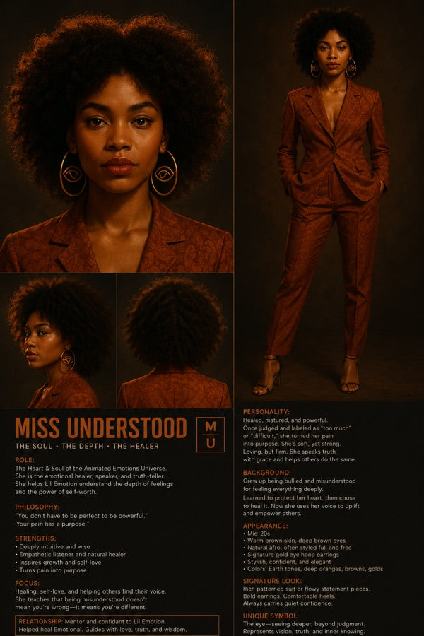 Miss Understood wearing a patterned rust-colored suit and gold earrings