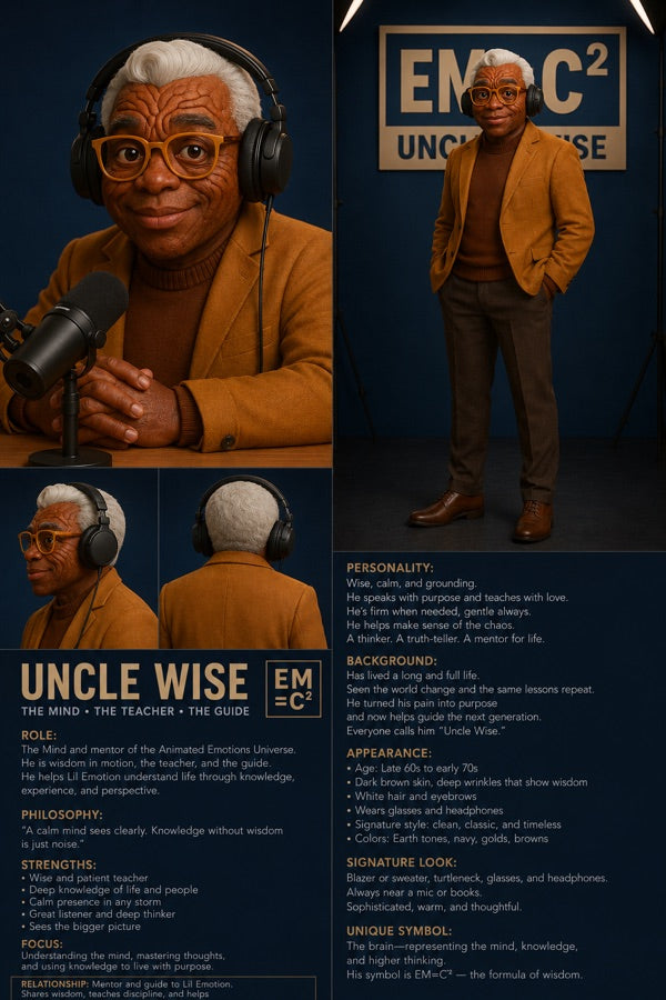 Uncle Wise wearing amber glasses and headphones in a recording studio
