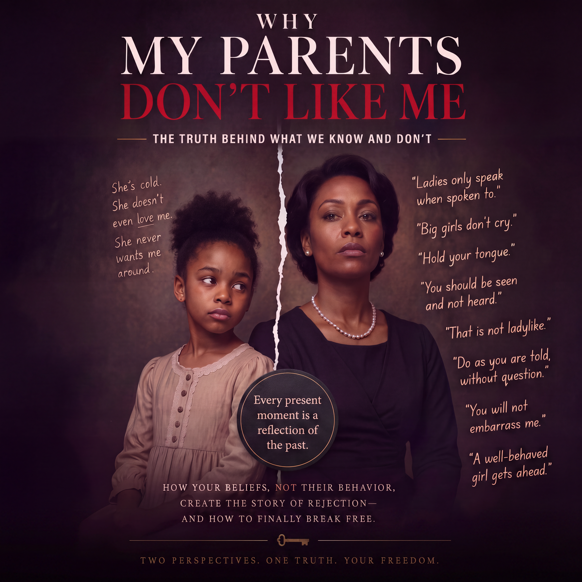 Book cover for Why My Parents Don’t Like Me, showing a daughter and mother divided by a torn line and surrounded by contrasting messages about rejection and expectations