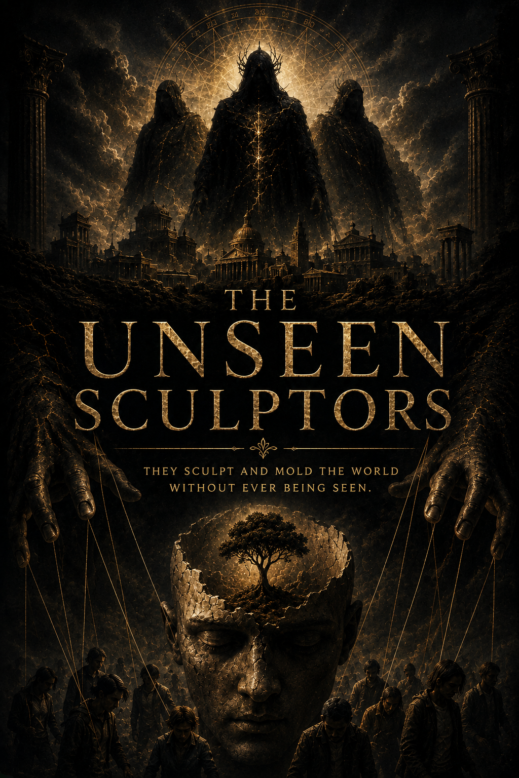 Book cover for The Unseen Sculptors, showing shadowy figures guiding people with puppet strings